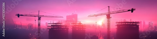 city skyline in progress, multiple construction cranes, dramatic dusk colors, illuminated building skeleton, starry work lamps, panoramic nightfall scene