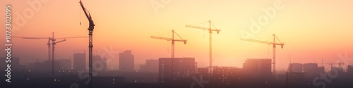 metropolitan development at golden hour, crane-dotted horizon, rich gradient sky, partially built structures, twinkling site lights, cinematic urban vista