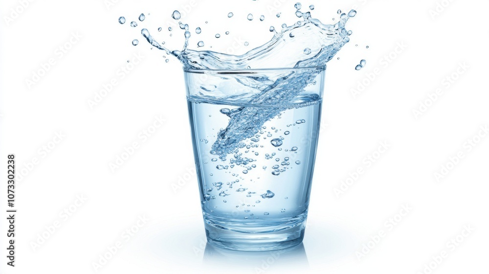 Fluid splash of water frozen mid-air, droplets gracefully arcing from a glass on a white background Fluid splash of water frozen mid-air, droplets gracefully arcing from a glass on a white background