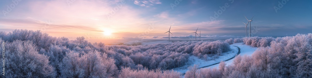 frosty woodland vista, towering wind farm, serpentine path through trees, wispy cloud formations, sunset glow, bird's-eye perspective, cinematic wide shot frosty woodland vista, towering wind farm, serpentine path through trees, wispy cloud formations, sunset glow, bird's-eye perspective, cinematic wide shot