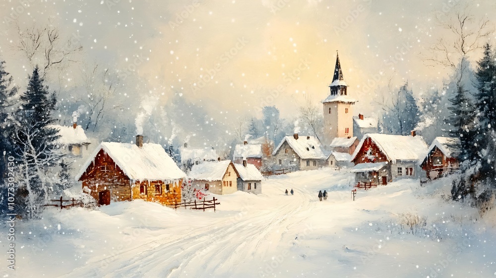 Fototapeta premium Christmas. new year card illustration winter landscape small houses in the snow, postcard winter view abstract small town or village