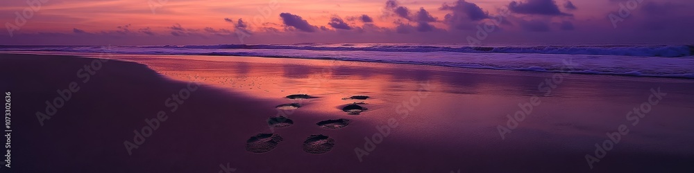 footprints deeply pressed into wet beach sand, dramatic purple and orange sunset sky, scattered dark clouds, ocean waves gently touching shore, golden hour reflection on water, tranquil beachscape, footprints deeply pressed into wet beach sand, dramatic purple and orange sunset sky, scattered dark clouds, ocean waves gently touching shore, golden hour reflection on water, tranquil beachscape,