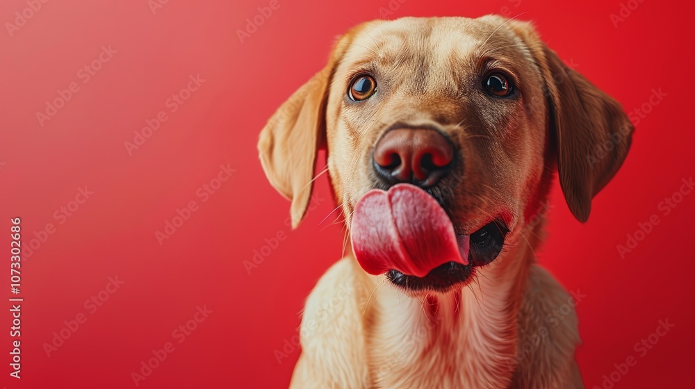 Amusing portrait of a hungry Labrador Retriever puppy licking its lips with its tongue, isolated against a solid red background