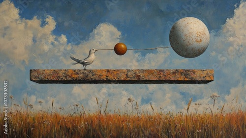 A bird pulls on a rope attached to a large sphere, balancing a smaller sphere on a rusty beam in a field of grass.