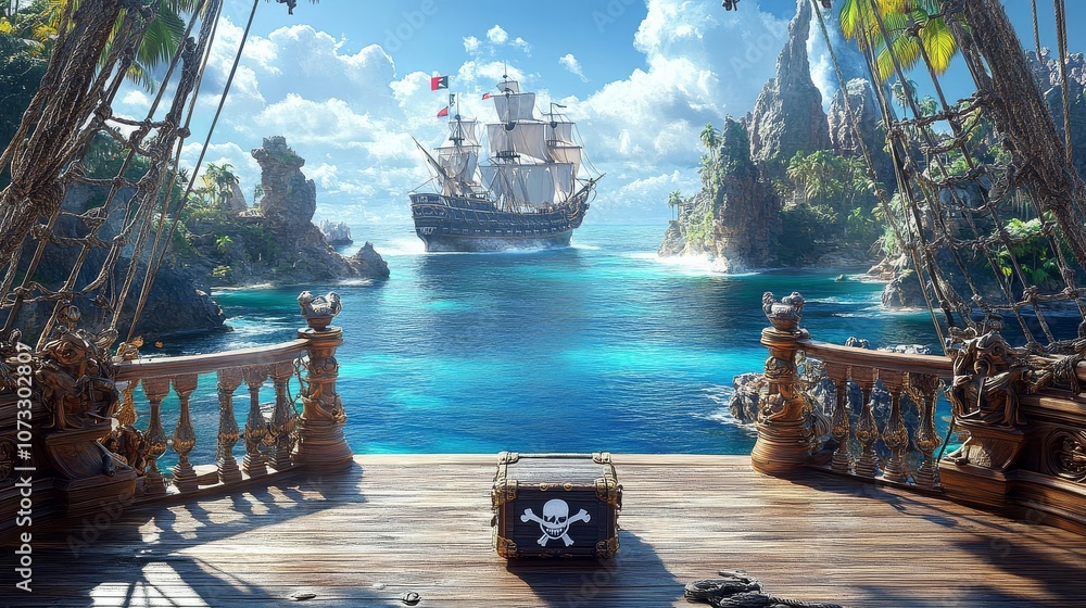 Fototapeta premium Adventure awaits as the pirate ship sails towards the alluring shores of the island.