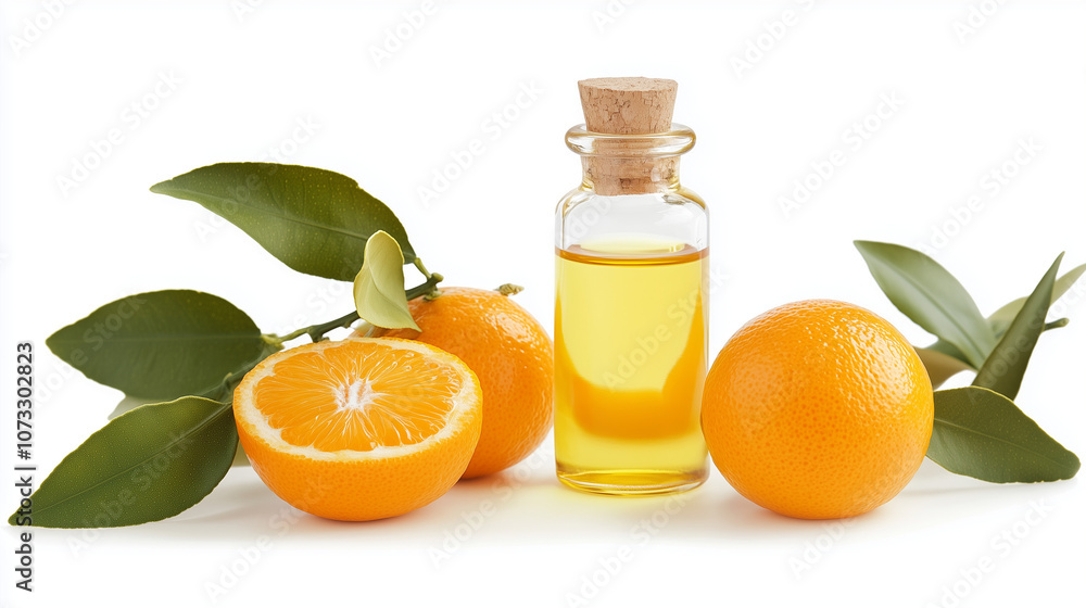 Aromatic tangerine essential oil in bottle and citrus fruit isolated on white. Aromatic tangerine essential oil in bottle and citrus fruit isolated on white.