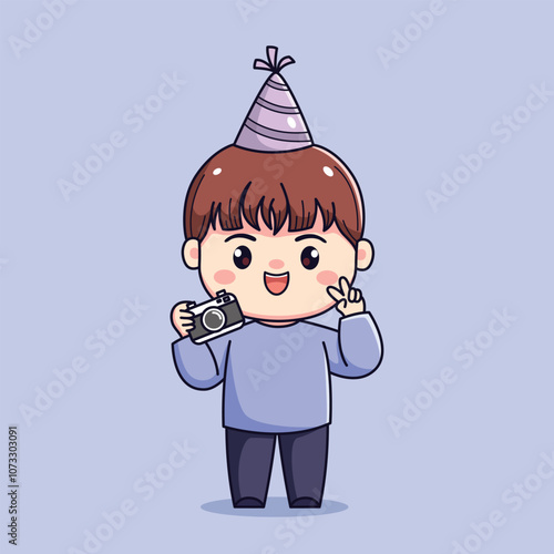 Cute cartoon boy celebrating new year or birthday party chibi kawaii