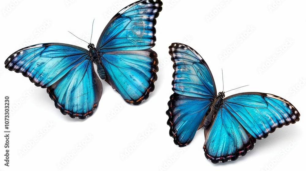 Fototapeta premium A pair of stunning turquoise-blue tropical butterflies with wings fully spread, captured in flight against a white background, close-up macro view