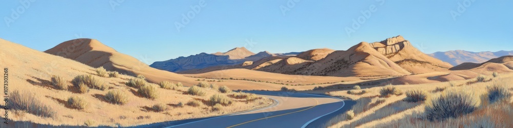 remote desert road composition, sunlit mountain ridges, wild sage and brush, gentle curves through barren landscape, pristine blue sky, natural earth tones, afternoon golden glow, ultra detailed remote desert road composition, sunlit mountain ridges, wild sage and brush, gentle curves through barren landscape, pristine blue sky, natural earth tones, afternoon golden glow, ultra detailed