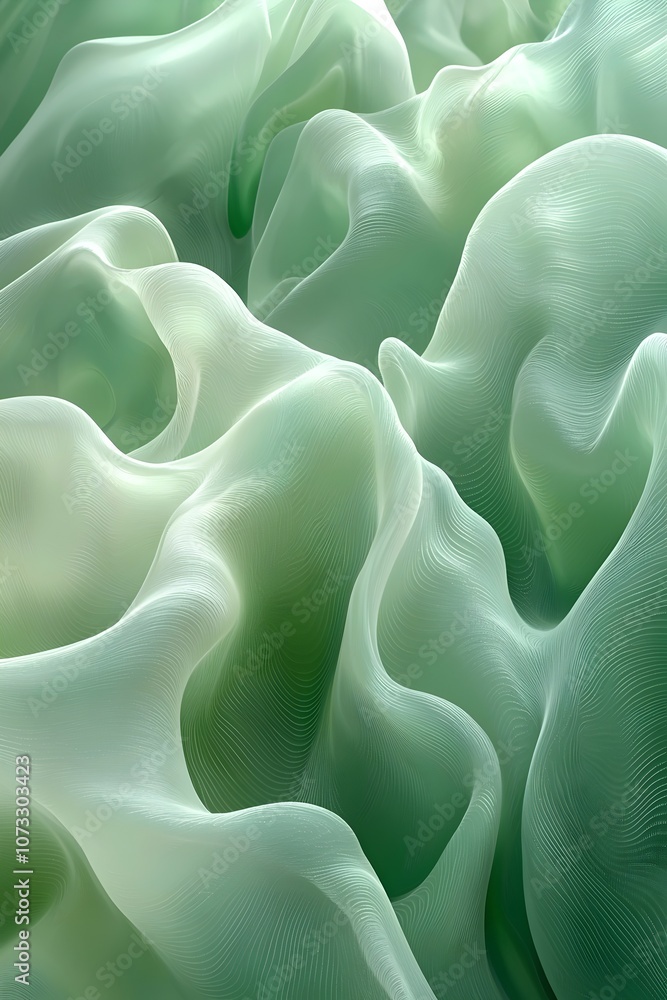 Obraz premium An abstract representation of flowing green waves, with soft, translucent textures creating a serene and tranquil atmosphere.