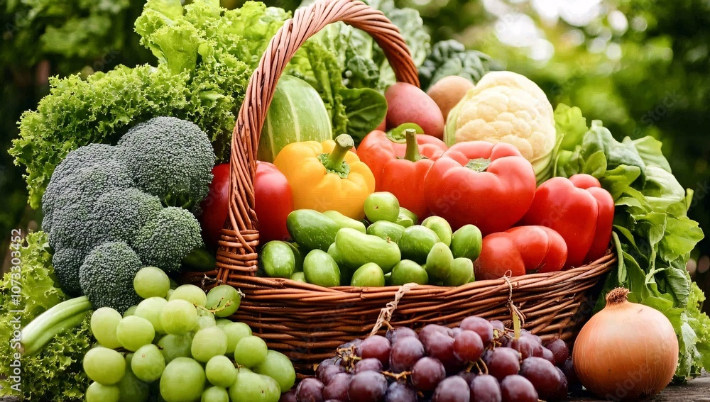 Freshly harvested vegetables and fruits in a wicker basket on a wooden table during sunset in a serene outdoor setting Freshly harvested vegetables and fruits in a wicker basket on a wooden table during sunset in a serene outdoor setting