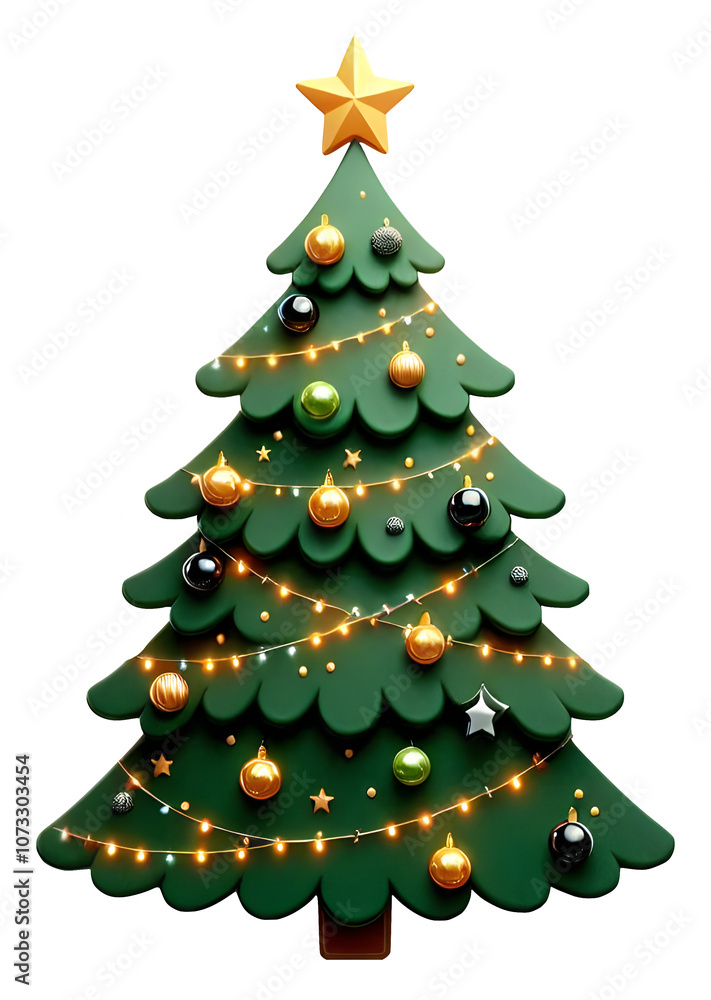 A beautifully decorated Christmas tree with lights and ornaments, PNG illustration. A beautifully decorated Christmas tree with lights and ornaments, PNG illustration.