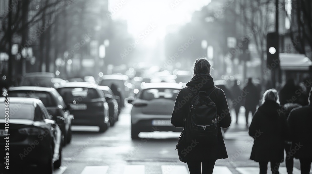 A black and white image of people waiting to cross the street at a traffic light. Cars and people move around in the energetic atmosphere of a big city. A black and white image of people waiting to cross the street at a traffic light. Cars and people move around in the energetic atmosphere of a big city.