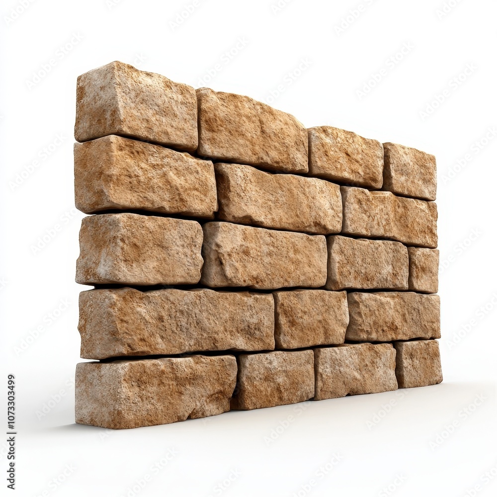 A detailed view of a rustic stone wall constructed with unevenly shaped blocks, isolated on white background. A detailed view of a rustic stone wall constructed with unevenly shaped blocks, isolated on white background.