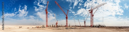 large scale construction site, harmonious arrangement of tower cranes, expansive desert plain, dynamic cloud patterns, natural daylight, industrial documentary photography, panoramic format, high photo