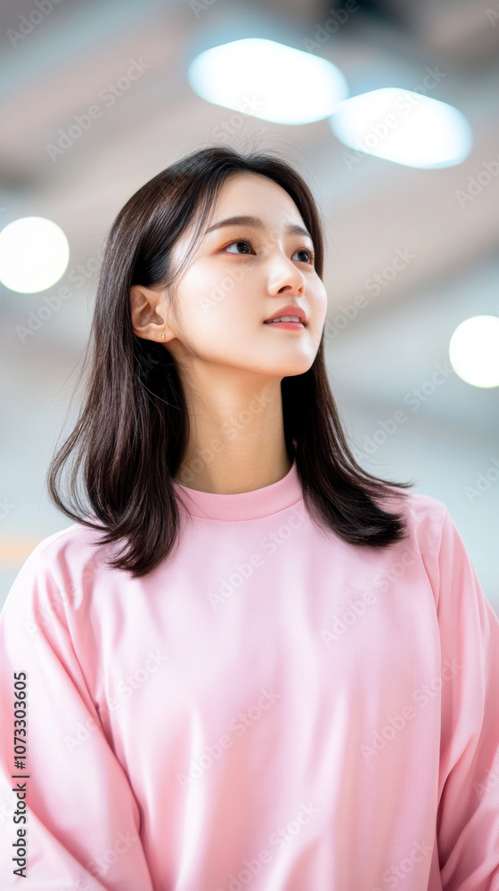 Young asian woman in pink sweater gazes thoughtfully while standing indoors with soft lighting and a blurred background during daytime Young asian woman in pink sweater gazes thoughtfully while standing indoors with soft lighting and a blurred background during daytime