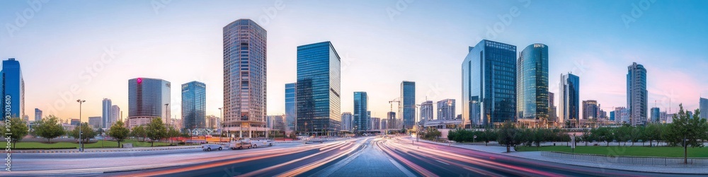 urban downtown panorama, towering modern business district, wide multi-lane road, streaming traffic flow, contemporary street lighting, green urban landscaping, dramatic architectural photography urban downtown panorama, towering modern business district, wide multi-lane road, streaming traffic flow, contemporary street lighting, green urban landscaping, dramatic architectural photography