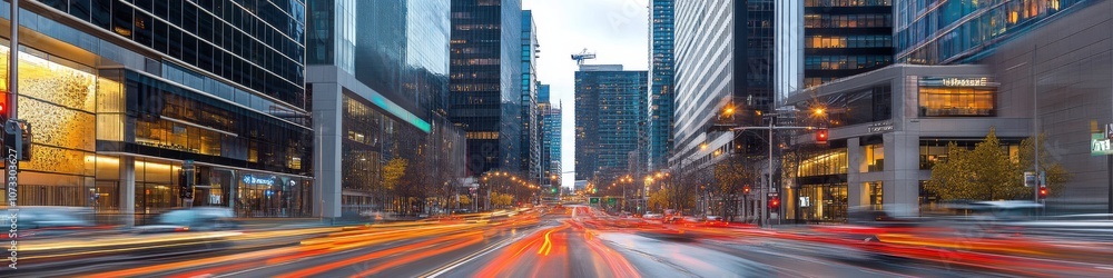 urban downtown panorama, towering modern business district, wide multi-lane road, streaming traffic flow, contemporary street lighting, green urban landscaping, dramatic architectural photography