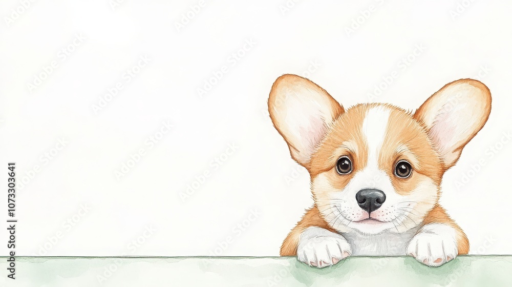 A cute corgi puppy with big ears and a playful expression, peeking over a table with a blank background. A cute corgi puppy with big ears and a playful expression, peeking over a table with a blank background.