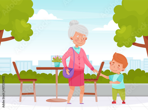 Polite Boy Character Give Seat to Senior Woman Having Good Manners Vector Illustration