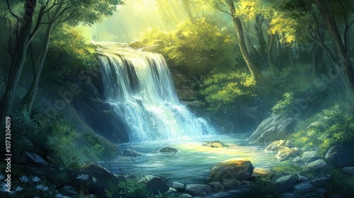 Gentle waterfall with lush greenery, water gracefully flowing over stones, sunlight shining through the mist