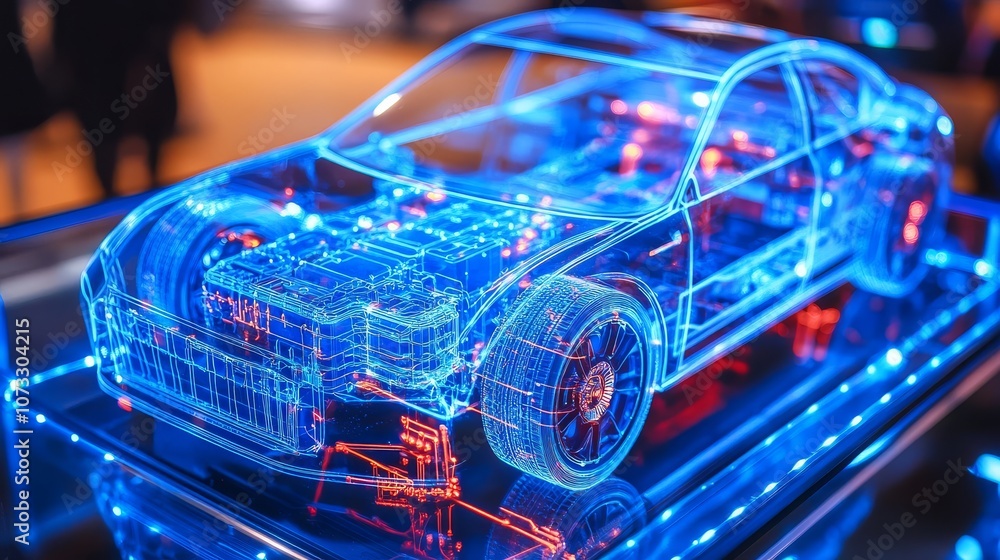 An electric car lithium battery pack highlighted in vibrant blue. An electric car lithium battery pack highlighted in vibrant blue.