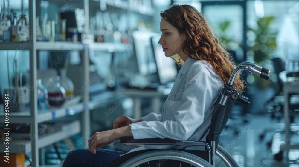 Obraz premium In a laboratory setting, a woman in a wheelchair and lab coat surrounded by equipment.