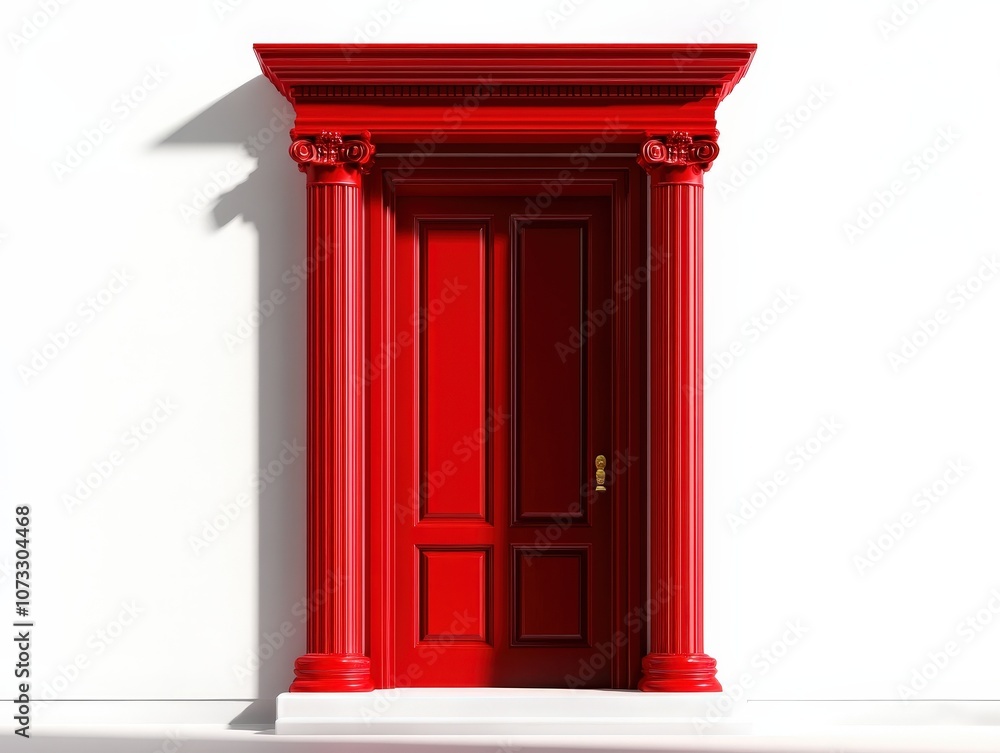 A vibrant red door with classic columns set against a minimalist white wall, isolated on white background. A vibrant red door with classic columns set against a minimalist white wall, isolated on white background.