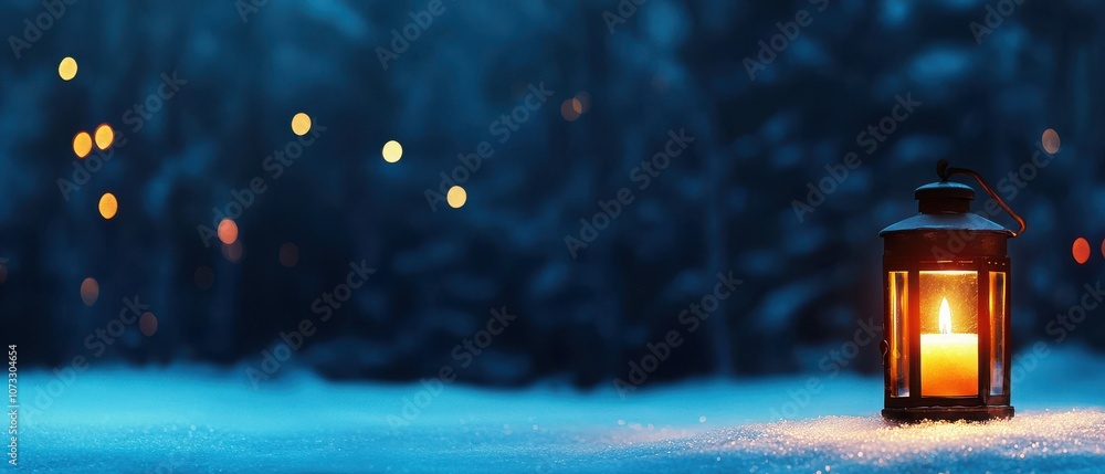 A glowing lantern on snow, illuminating the winter night, creating a warm, magical atmosphere amidst the tranquil forest. A glowing lantern on snow, illuminating the winter night, creating a warm, magical atmosphere amidst the tranquil forest.