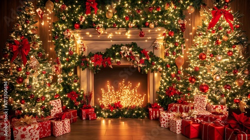 A festive holiday scene with decorated trees, lights, and wrapped gifts around a fireplace.