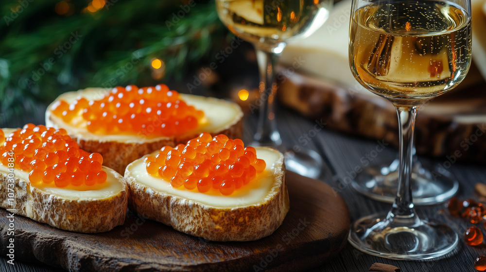 Toasts with cheese and red caviar on the New Year's table with champagne. New Year's snack. Toasts with cheese and red caviar on the New Year's table with champagne. New Year's snack.