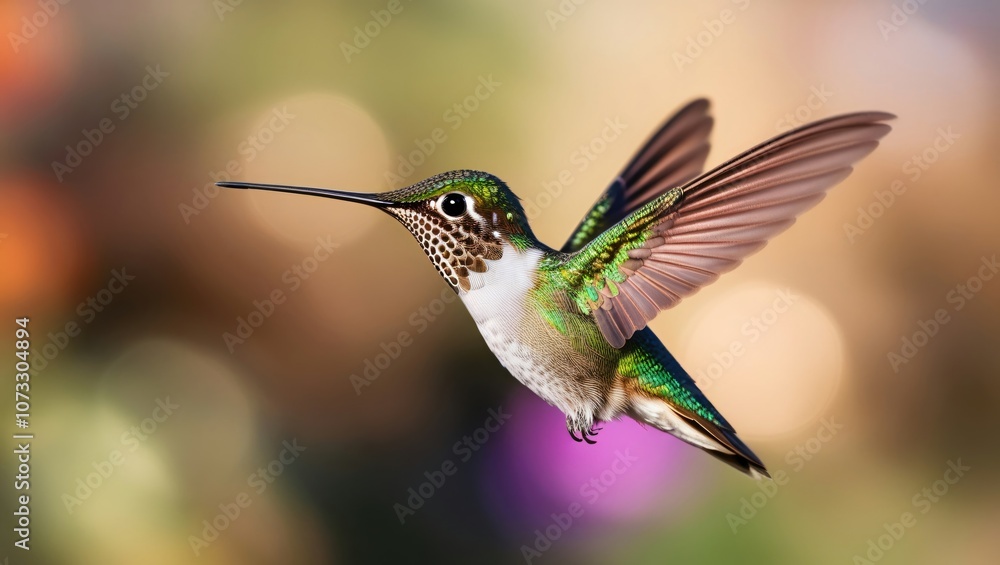 Fototapeta premium Close-Up of Hummingbird in Mid-Flight with Blurred Wings