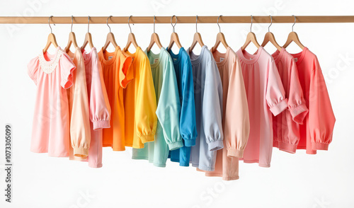 children's wardrobe, colorful clothes on a white background