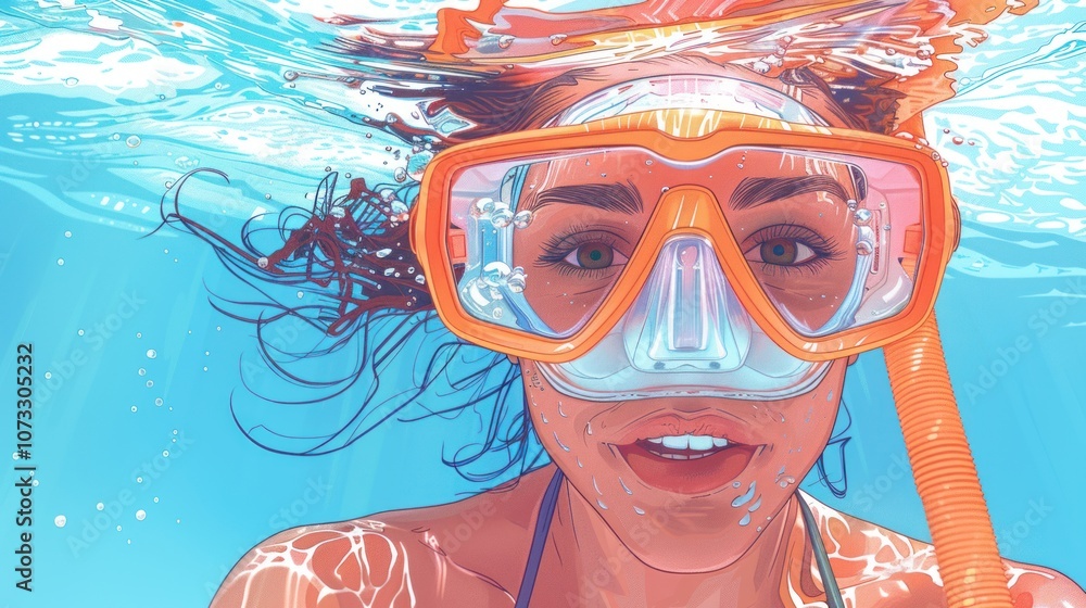 Naklejka premium A woman in a colorful bikini and snorkeling mask looks at the camera underwater.