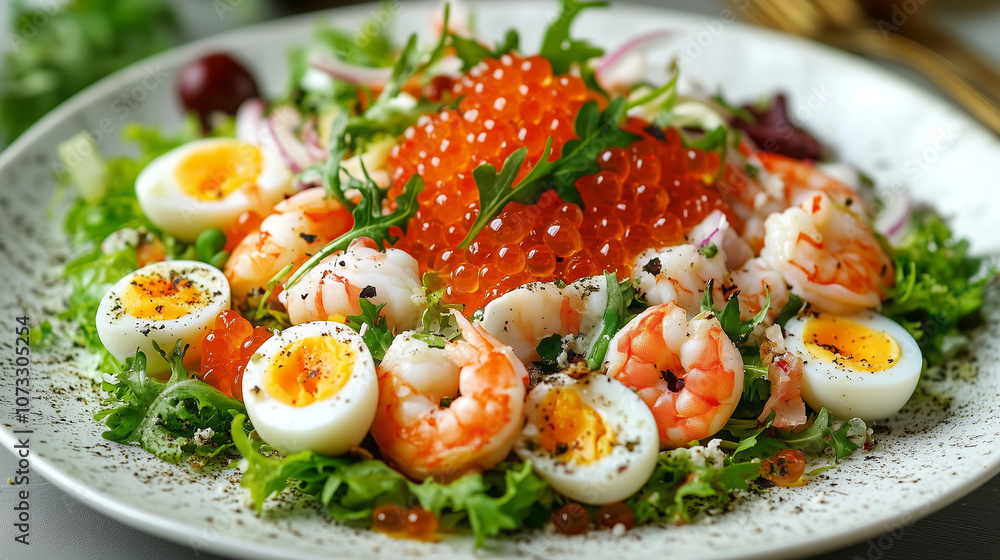 New Year's salad, restaurant dish, salad with shrimps and quail eggs and red caviar. New Year's salad, restaurant dish, salad with shrimps and quail eggs and red caviar.