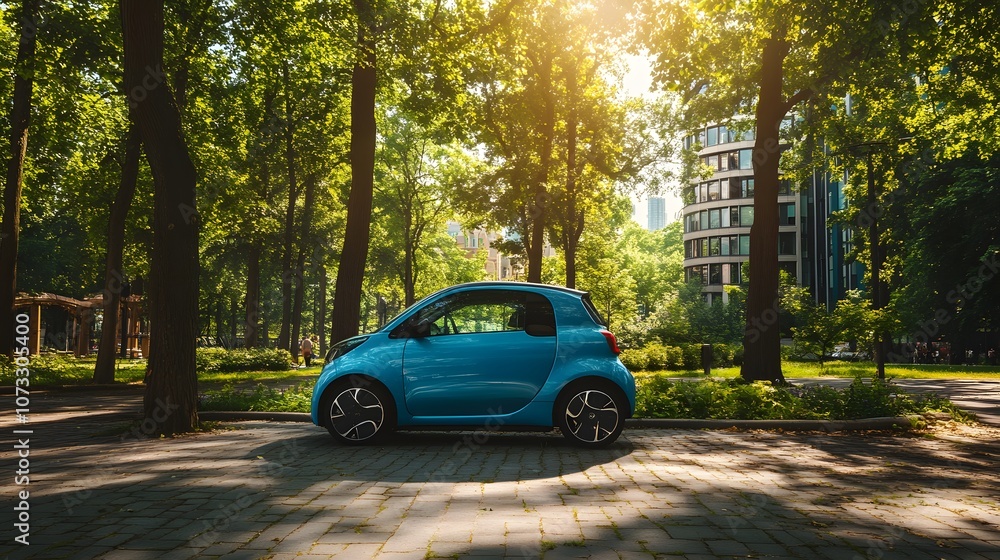 3. A compact electric city car in vibrant blue, with a minimalist design and eco-friendly features, parked in a modern city park surrounded by trees and green spaces during a sunny day 3. A compact electric city car in vibrant blue, with a minimalist design and eco-friendly features, parked in a modern city park surrounded by trees and green spaces during a sunny day