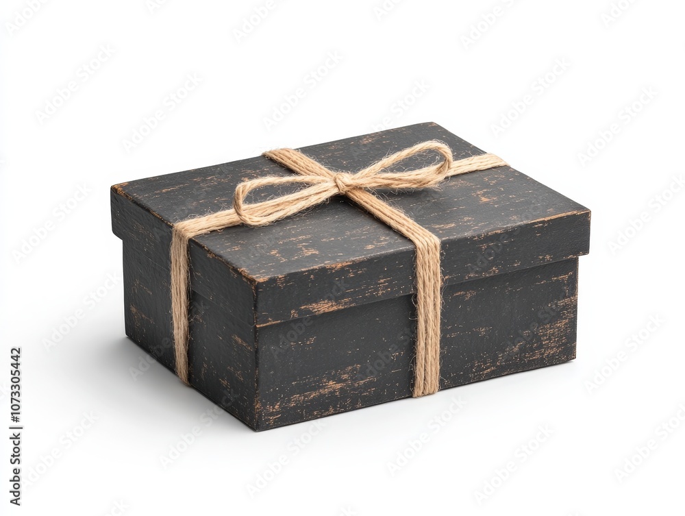 Elegant black gift box tied with rustic twine for any occasion, isolated on white background. Elegant black gift box tied with rustic twine for any occasion, isolated on white background.