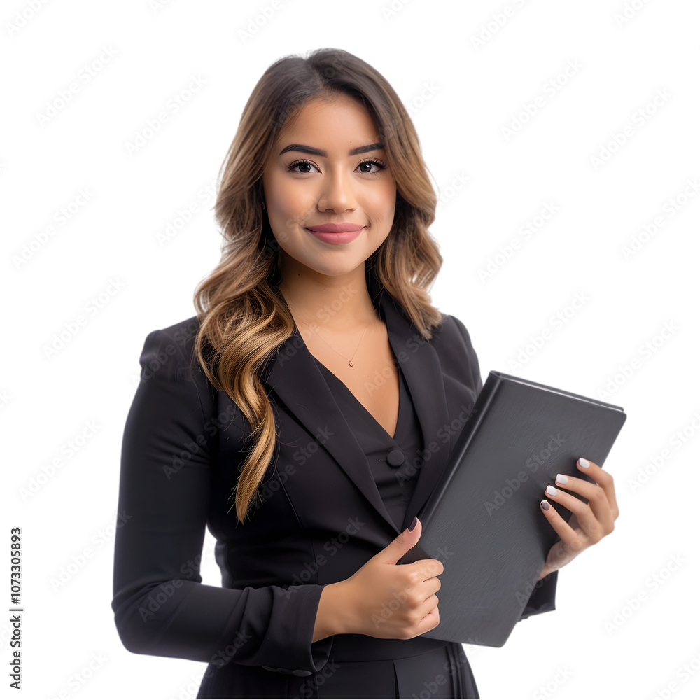A young Hispanic woman in a professional jacket and skirt, holding a portfolio, isolated on white background A young Hispanic woman in a professional jacket and skirt, holding a portfolio, isolated on white background