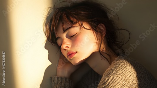 A young woman leans against a wall, her hands on her back and her eyes closed in exhaustion. The light from the side emphasizes her exhausted mood. photo