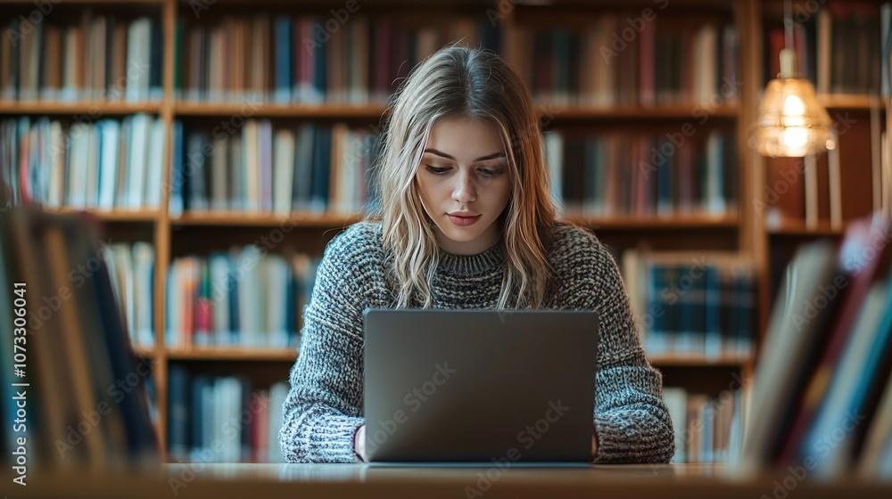 A young woman sits typing an article on a laptop in a library, surrounded by books. Natural light from the window makes the image lively and peaceful. A young woman sits typing an article on a laptop in a library, surrounded by books. Natural light from the window makes the image lively and peaceful.