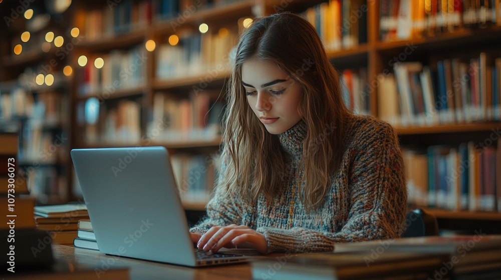 A young woman sits typing an article on a laptop in a library, surrounded by books. Natural light from the window makes the image lively and peaceful. A young woman sits typing an article on a laptop in a library, surrounded by books. Natural light from the window makes the image lively and peaceful.