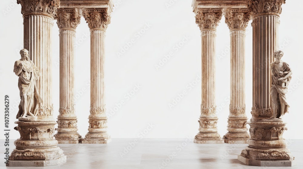 Naklejka premium Timeless statues enhance the charm of a minimalist white backdrop.