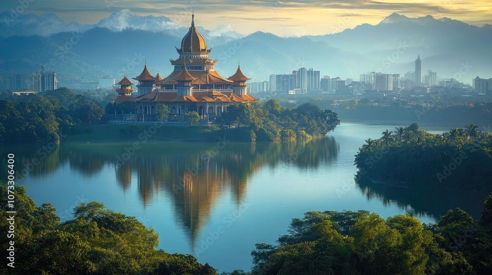 Obraz premium A golden temple sits on an island in a lake, surrounded by mountains and trees, with a city skyline in the background.