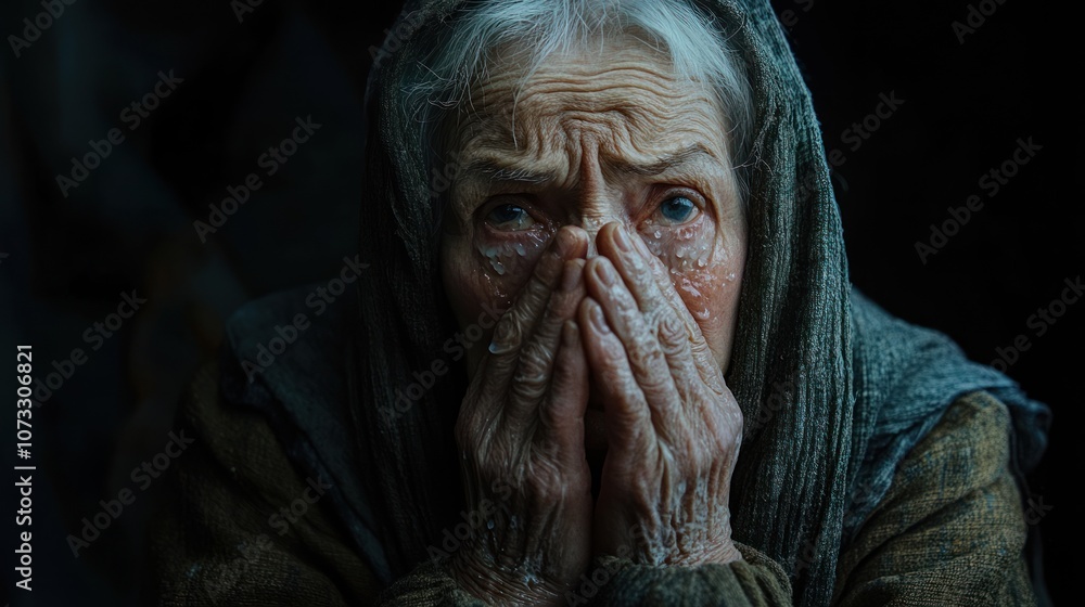 An elderly woman has tears streaming down her face, wiping them away with her hands. Her face shows pain and sadness. The dark background emphasizes the intensity of the emotion. An elderly woman has tears streaming down her face, wiping them away with her hands. Her face shows pain and sadness. The dark background emphasizes the intensity of the emotion.