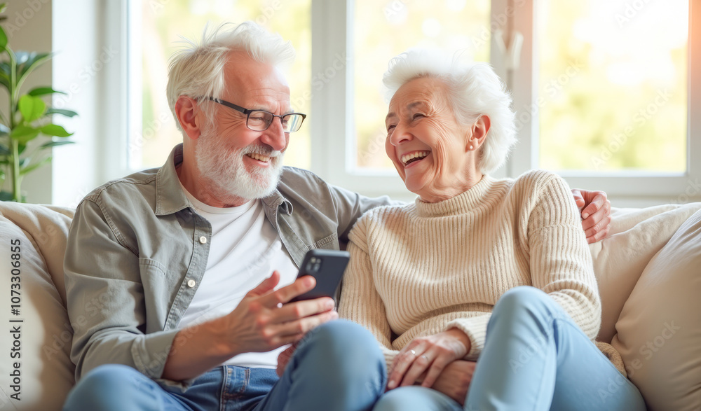 An elderly couple are laughing and looking at the phone screen on the sofa in the living room An elderly couple are laughing and looking at the phone screen on the sofa in the living room