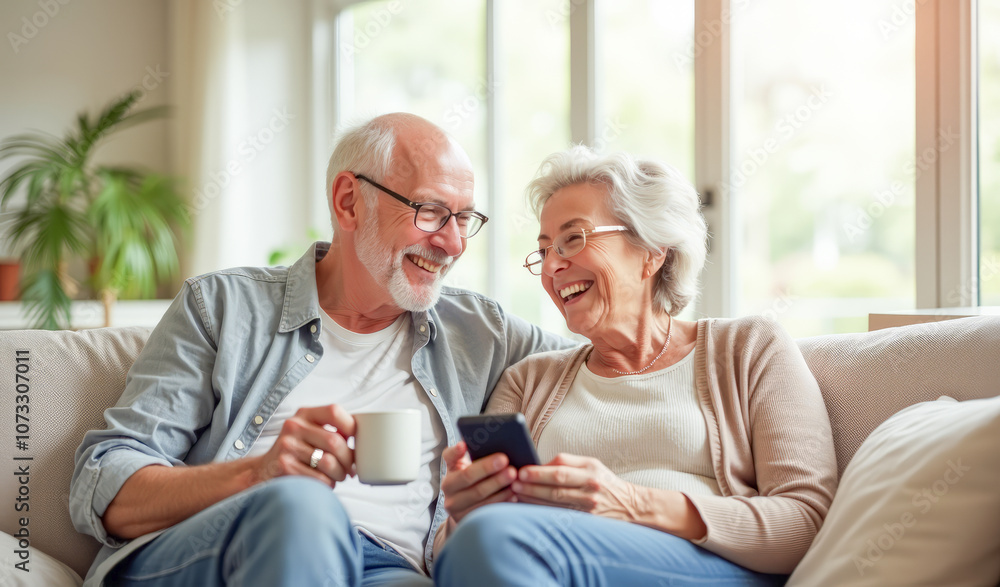 An elderly couple are laughing and looking at the phone screen on the sofa in the living room An elderly couple are laughing and looking at the phone screen on the sofa in the living room