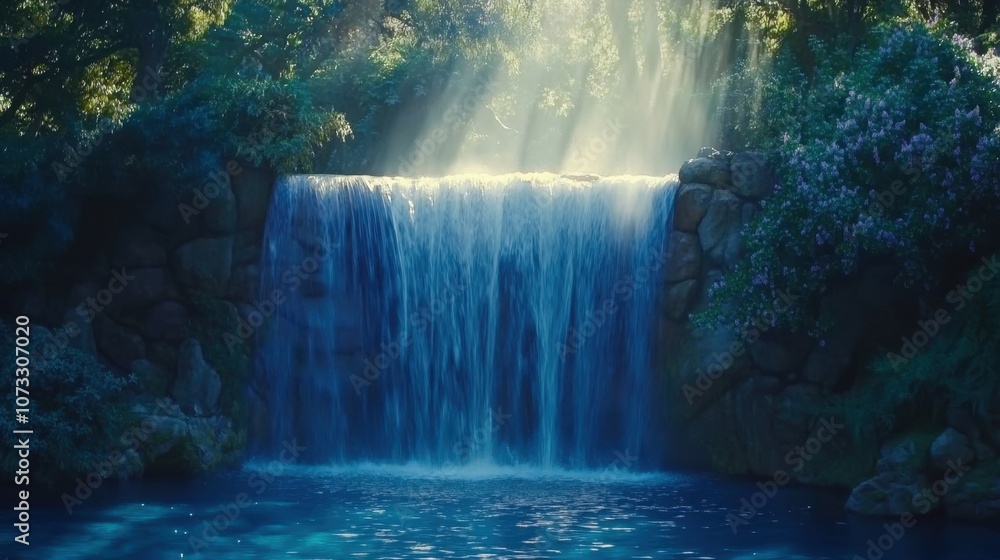 Hidden waterfall in a dense jungle, sunlight casting a soft glow on water as it falls into a tranquil pool Hidden waterfall in a dense jungle, sunlight casting a soft glow on water as it falls into a tranquil pool