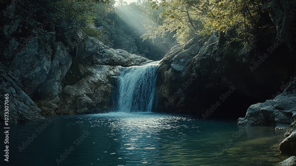 Naklejka premium Hidden waterfall in a dense jungle, sunlight casting a soft glow on water as it falls into a tranquil pool