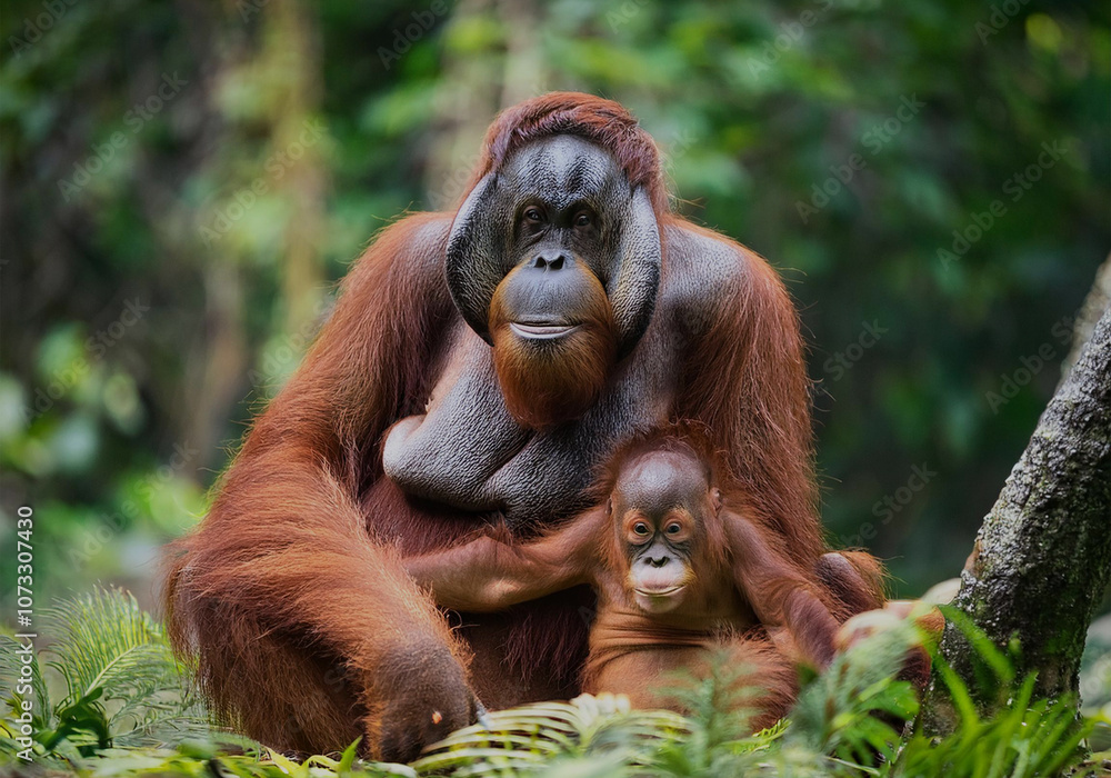 Orang-Utan (Pongo) Muttertier mit Jungen in tropischer Landschaft Orang-Utan (Pongo) Muttertier mit Jungen in tropischer Landschaft