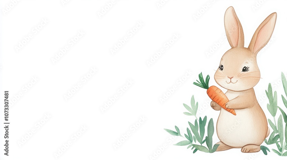 Obraz premium Cute cartoon rabbit holding a carrot, surrounded by green leaves, perfect for children's illustrations and nature themes.